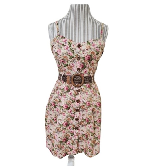Poetry Dresses & Skirts - POETRY Juniors Floral Roses Spaghetti Strap Belted Mini Summer Shirt Dress L